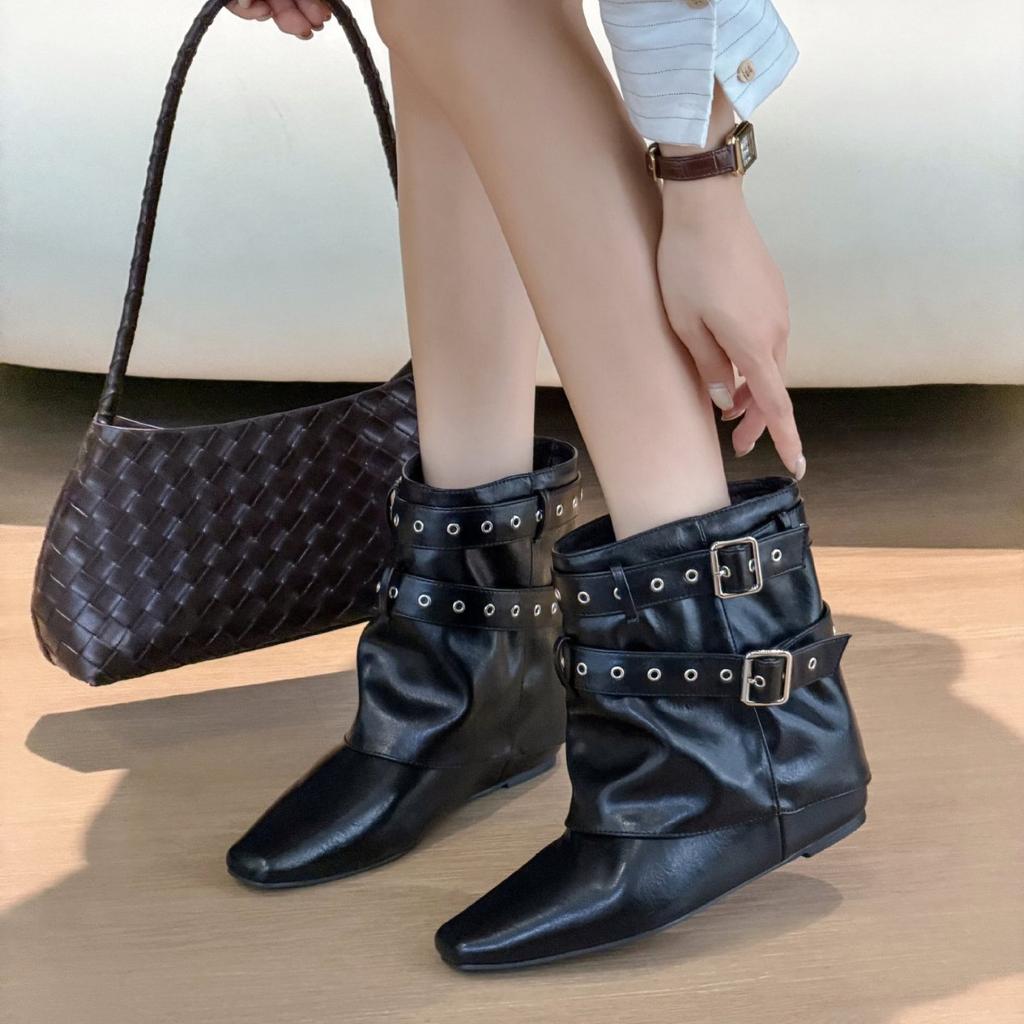 Autumn New Small Square Head Fashion Boots Stacking Boots Retro Cm~ Inner Height-increasing Flannel Buckle Belt Western Trendy Boots