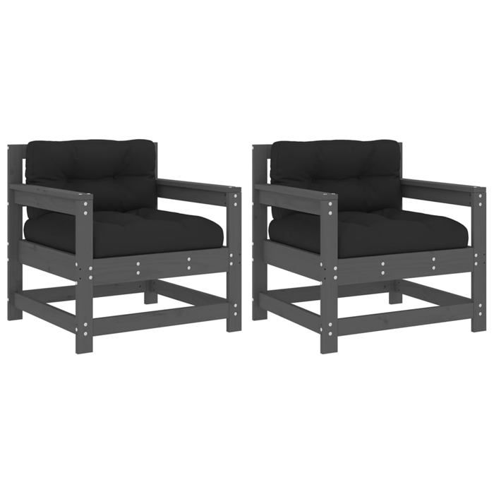 VidaXL Chaises de jardin et coussins lot de 2 gris bois de pin massif, chaise longue, chaise d'extérieur, siège d'extérieur, 825564