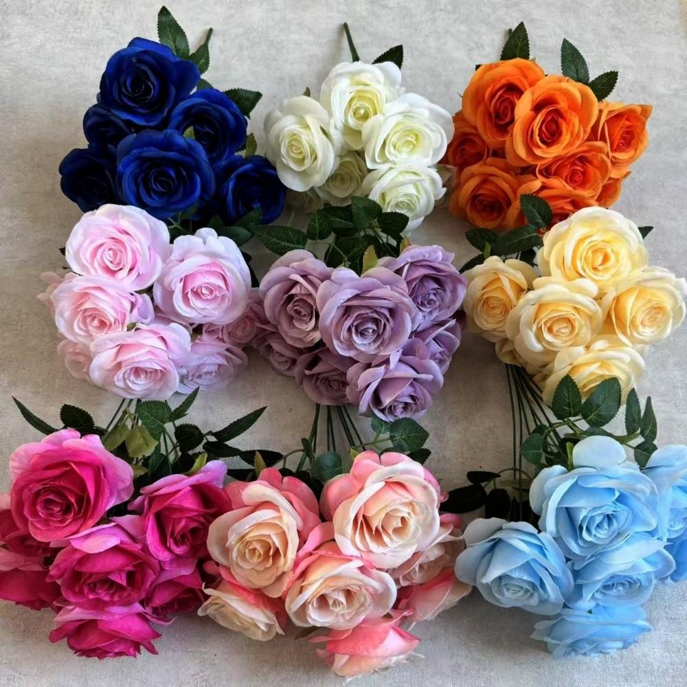9 Head Real Happy Flower 10 Colors Photography Photo Gift Natural Silk Rose Flowers Mini Crystal Grass Bouquet Home Decorative