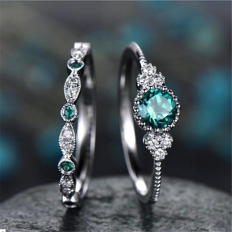 925 Silver 2pc Set Jewelry Sparkling Perfect Blue Green Round Cut Zircon Stone Rings for Women Engagement Engagement Ring Gift