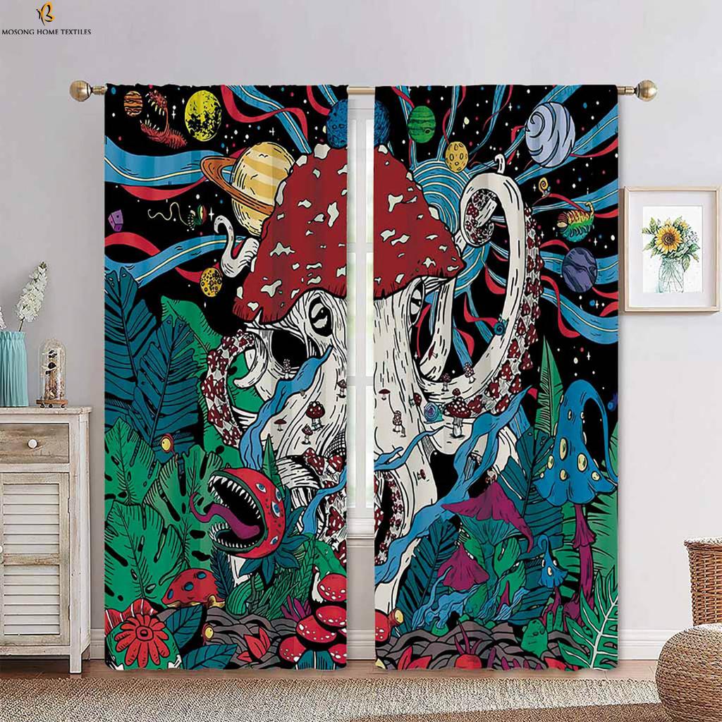 Psychedelic Mushroom Cartoon Print Curtains Polyester Bedroom Living Room Kitchen Decorative Set Of 2 Made Area Decor