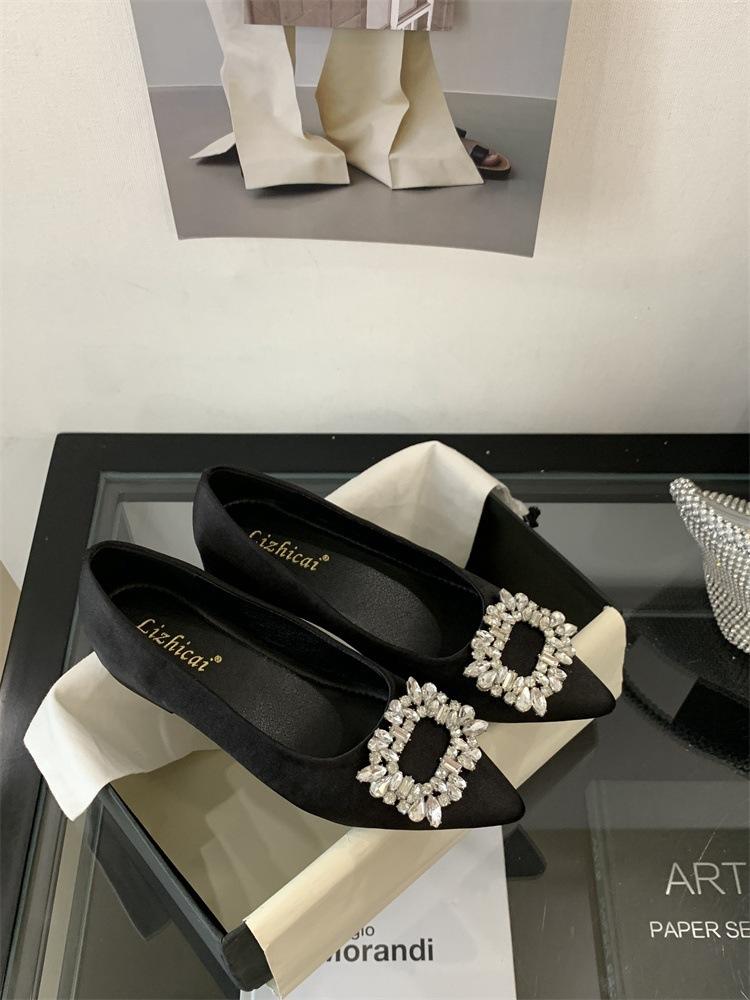 

French Elegant Pointed Single Shoes Women S Spring And Summer Temperament Rhinestone Shallow Mouth Inner Height Increase Evening Ladyshoes Women 35 чёрный