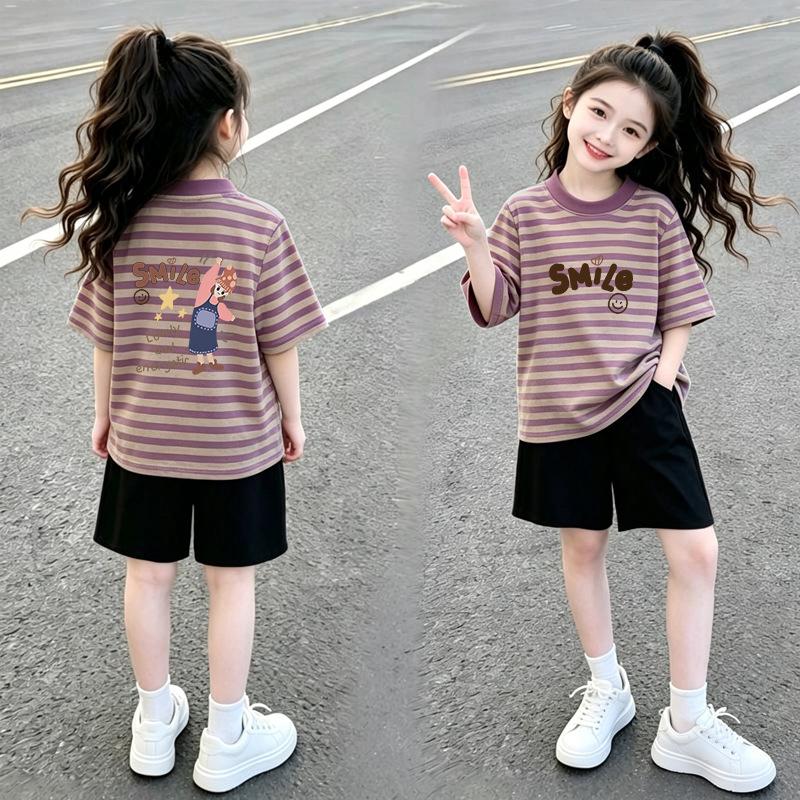 Girls' Stylish Patchwork Stripe Short Sleeve T-shirt Set for Ages 6-15