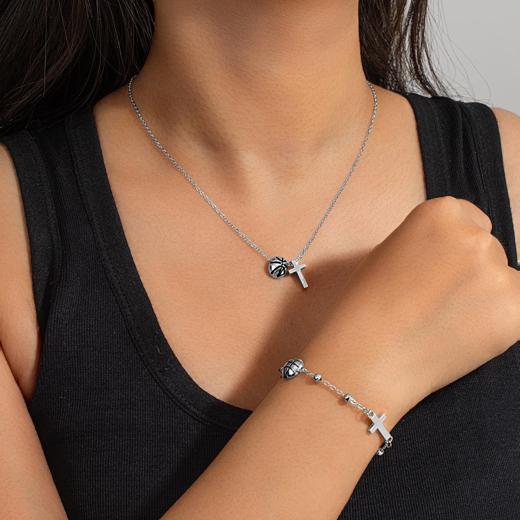 Basketball Cross Necklace & Bracelet Set, Niche Design Clavicle Chain for Layered Wearing