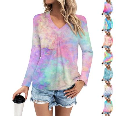 Women's Fashion V-Neck Pleated Gradient Print Casual Long Sleeve