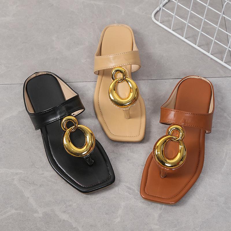 Plus Size 36-43 Women Slippers Fashion Metal Buckle Square Toe Sandals Woman Summer New Open Toe Versatile Casual Flat Shoes