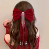 Cloth Bowknot Spring Clip Rhinestone New Year Hairpin Red Velvet Bow Hair Clip  Ponytail Holder