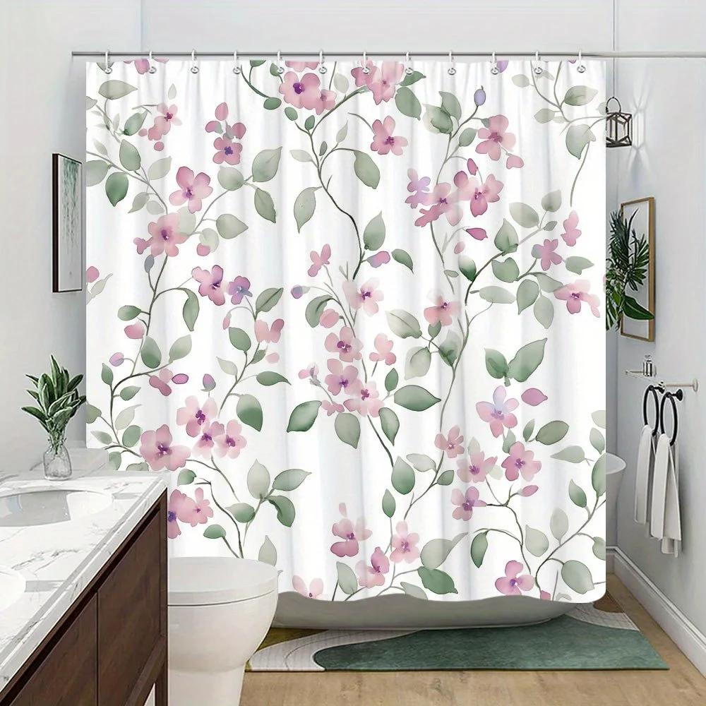 Floral Shower Curtain, Pink Purple White Watercolor Flowers & Green Leaves, Machine Washable Polyester, Romantic Bathroom Decor