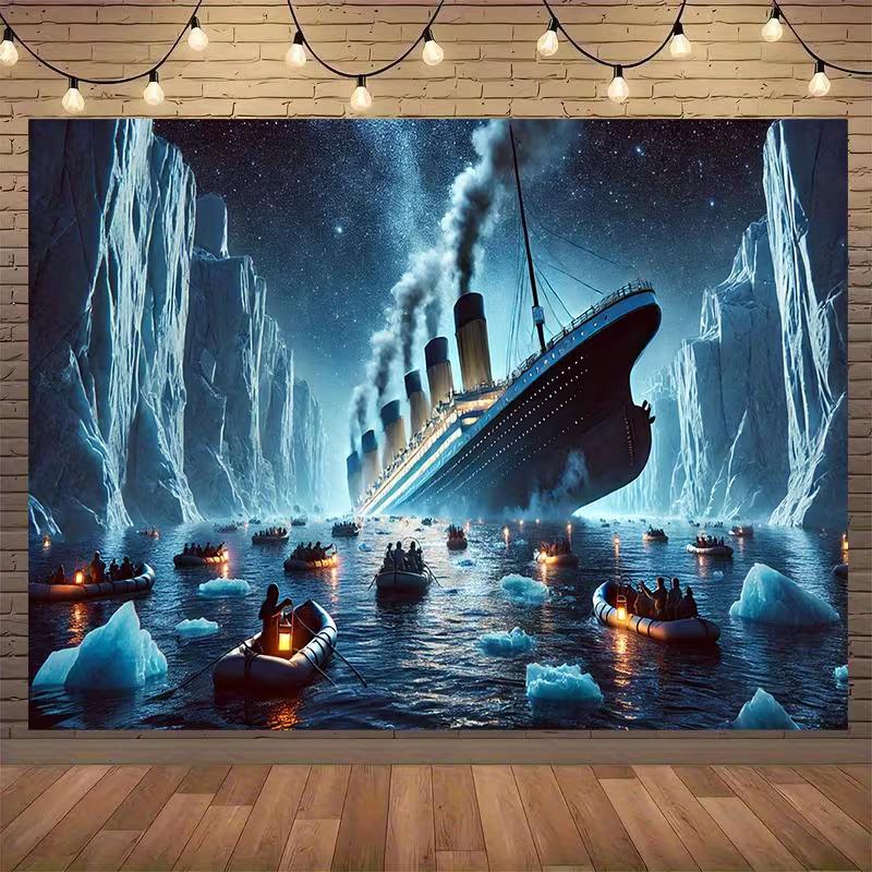 2D RMS Titanic Banner, Historical Ship Disaster Scene with Lifeboats