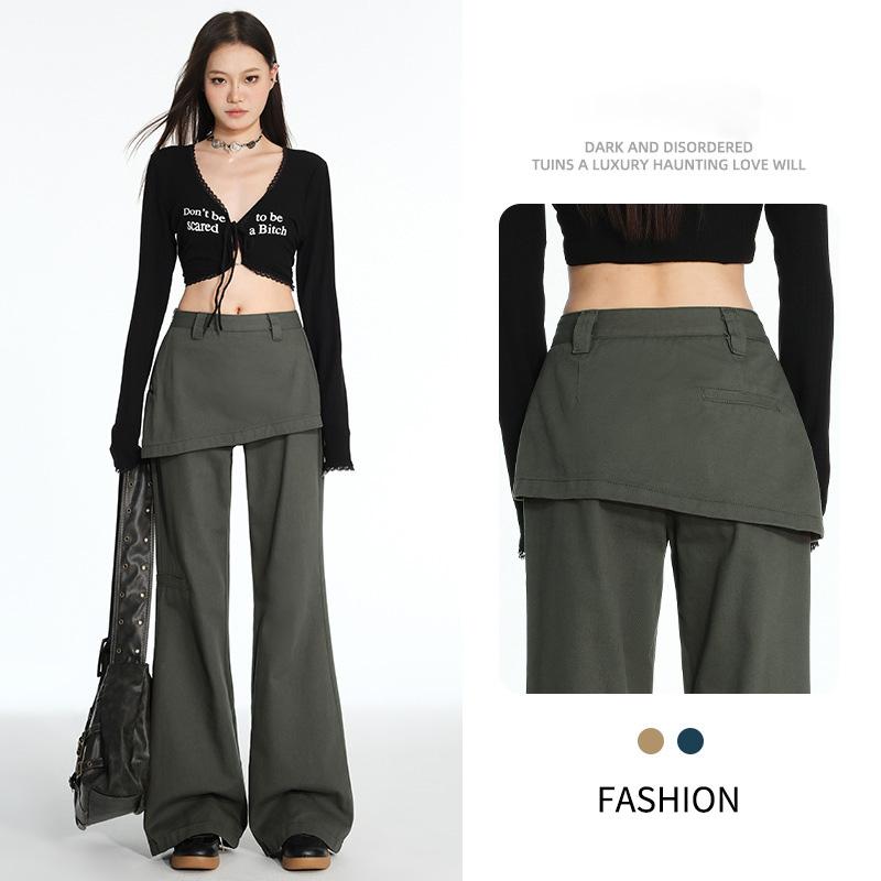 

Осенние американские ретро поддельные двухсекционные брюки слегка пикантные повседневные женские свободные брюки до пола S серый