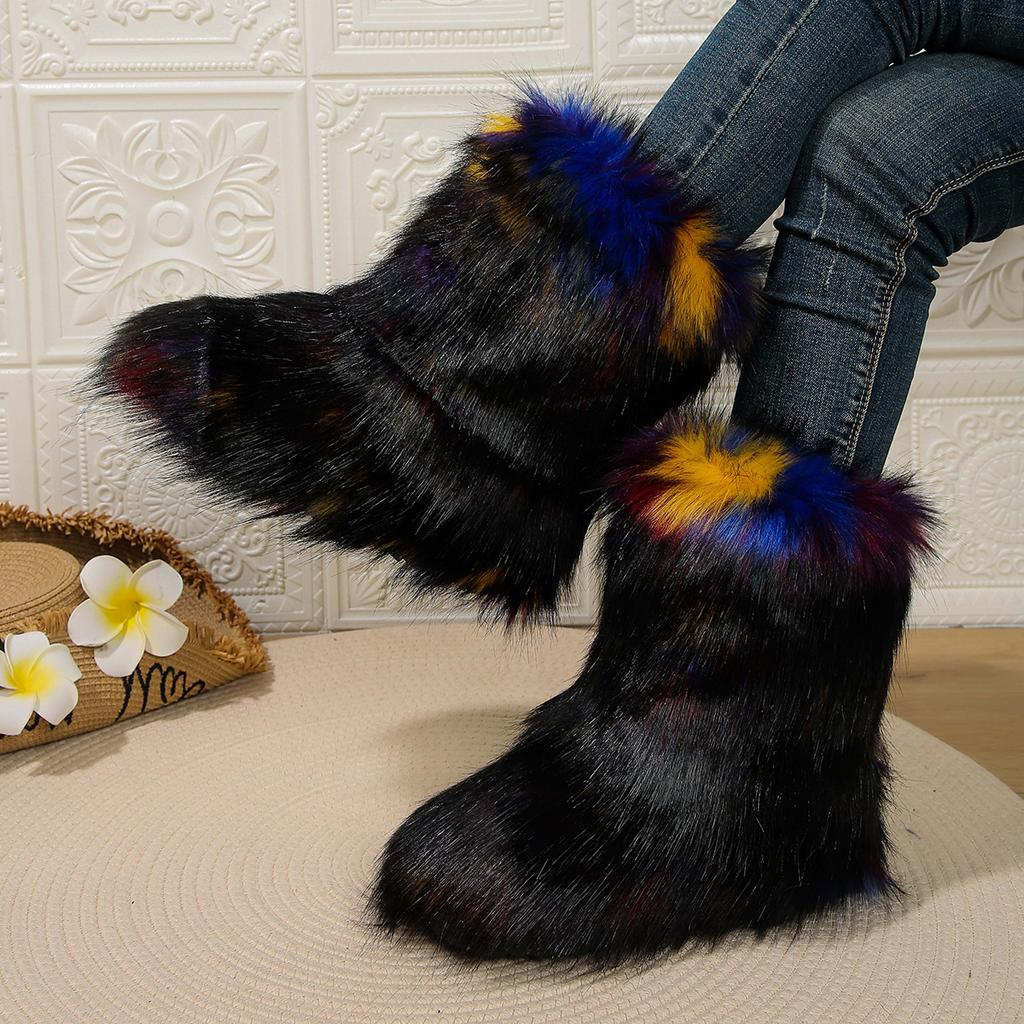 New Winter Fur Onepiece Raccoon Fur Female Snow Boots Fur Shoes Outdoor Mid Leg Boots