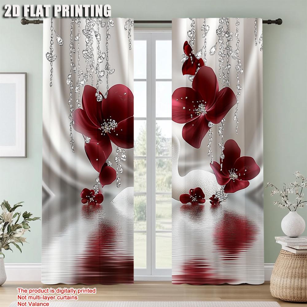 2Pcs Digital Printed Rod Pocket Window Curtain Swan Flower Pattern Window Drapes For Bedroom Living Room Home Decor Design For