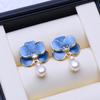 LSOOYH Freshwater Pearl Earrings Gold Color Blue Flower Stud Earrings Fashion Birthday Anniversary Gifts For Women