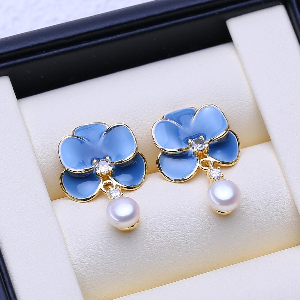 LSOOYH Freshwater Pearl Earrings Gold Color Blue Flower Stud Earrings Fashion Birthday Anniversary Gifts For Women