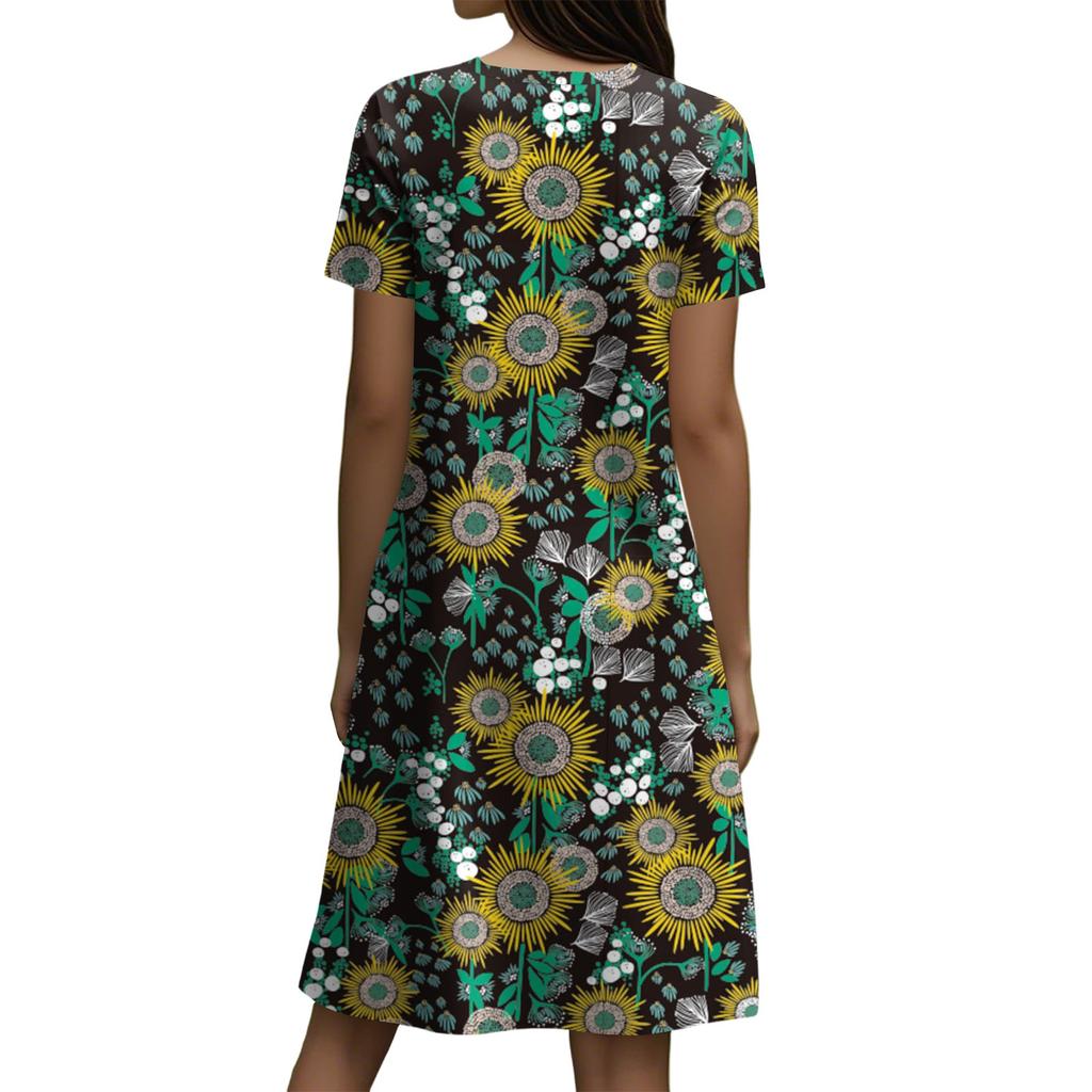 Short Sleeve Boho Dress For Women Casual Loose Fit Summer Sundress Floral Print Dress With Pockets