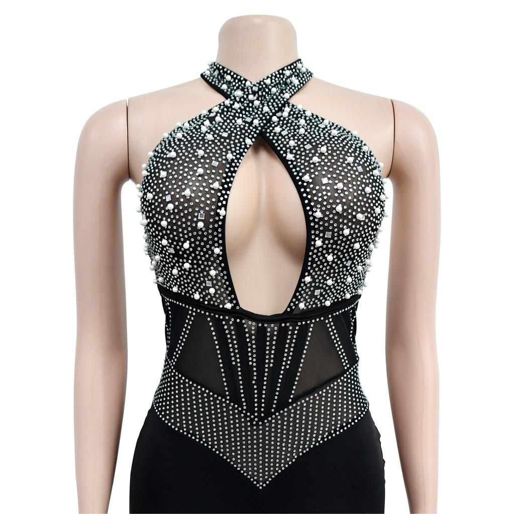 Fashion Women's Mesh Drilling Bubble Beads Sleeveless Shorts Jumpsuit