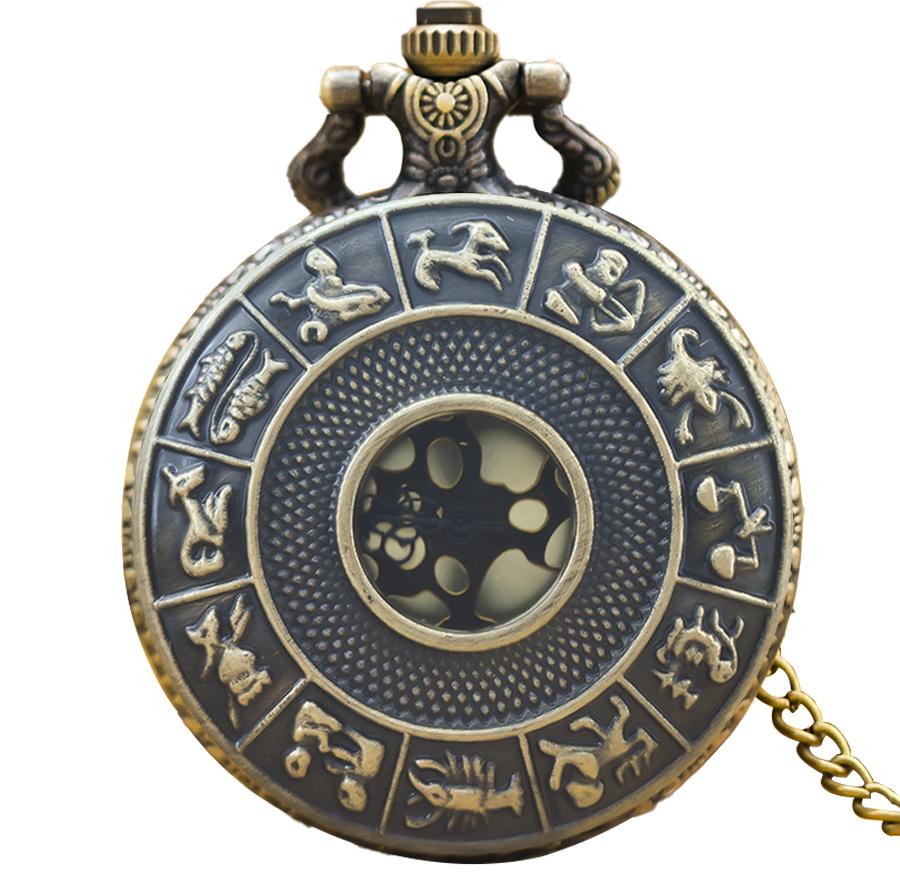 

Steampunk Vintage Bronze Twelve Constellations Hollow Quartz Pocket Watch Necklace Pendant Clock Chain Men Women Chain Gift бронзовый