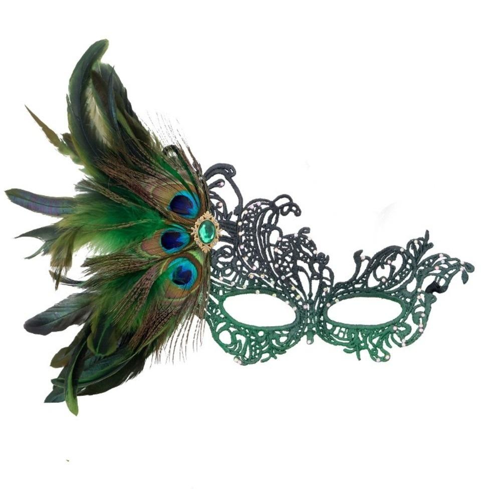Multicolor Feather Mask Rhinestone Masquerade Mask Holiday Costume Accessories зелёный