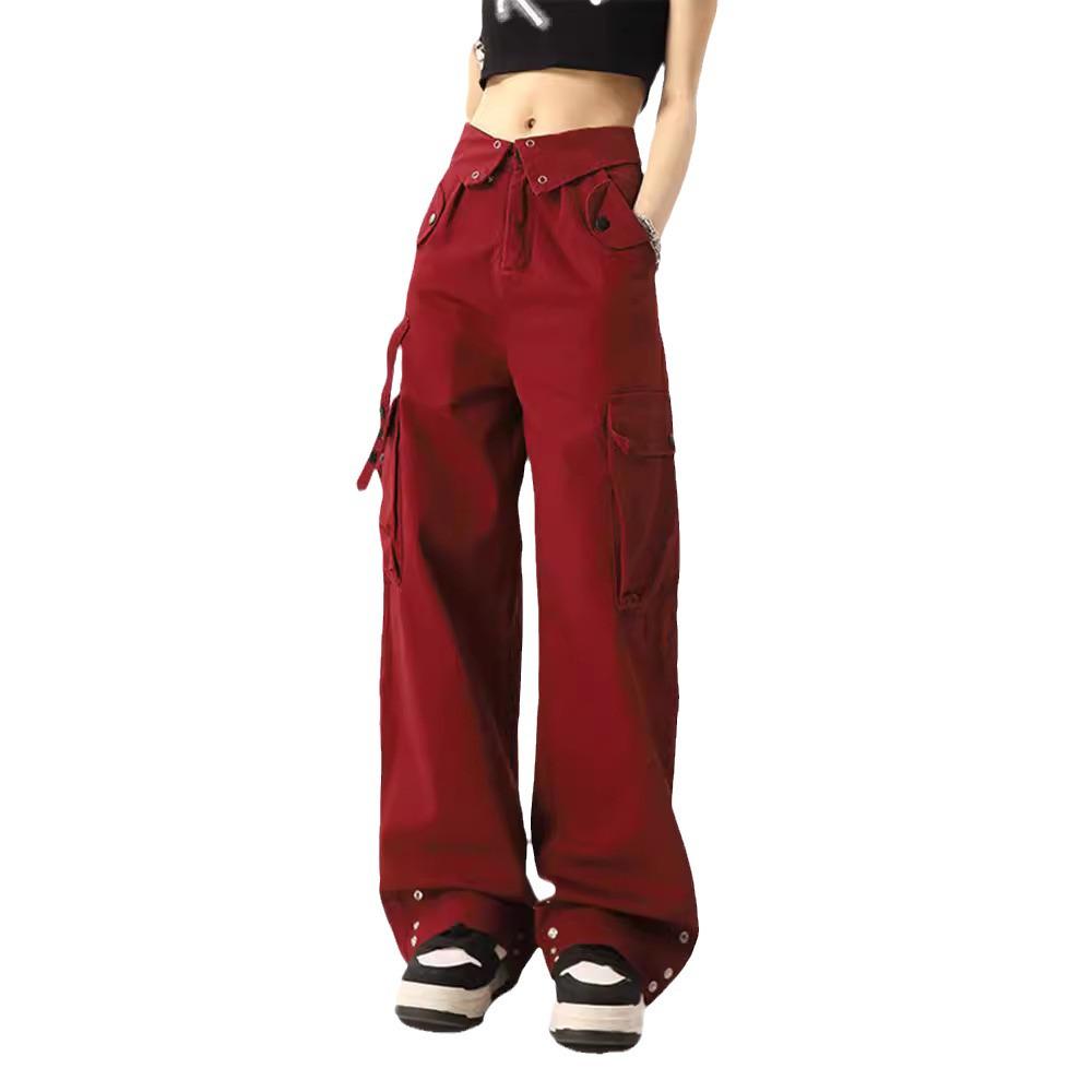 Unisex 2023 Red High-Waist Loose Wide-Leg Cuff Overalls - Niche Style
