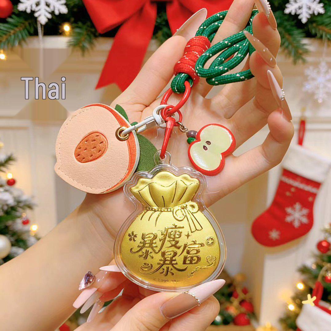 

999 Fine Gold Rising Fortune Keychain: Personalized Apple & Strawberry PU Charm Pendant