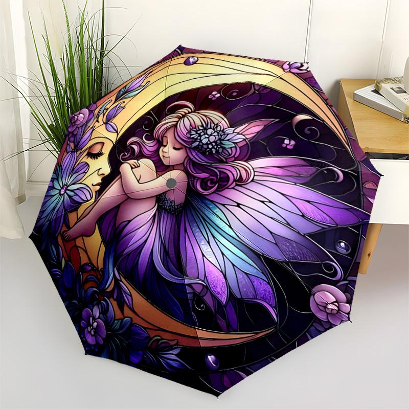 

1pc Fairy Moon Decor Automatic Umbrella - Stylish, Durable, with 8-Rib Manual Open Design, Elegant Black Handleyy250920103