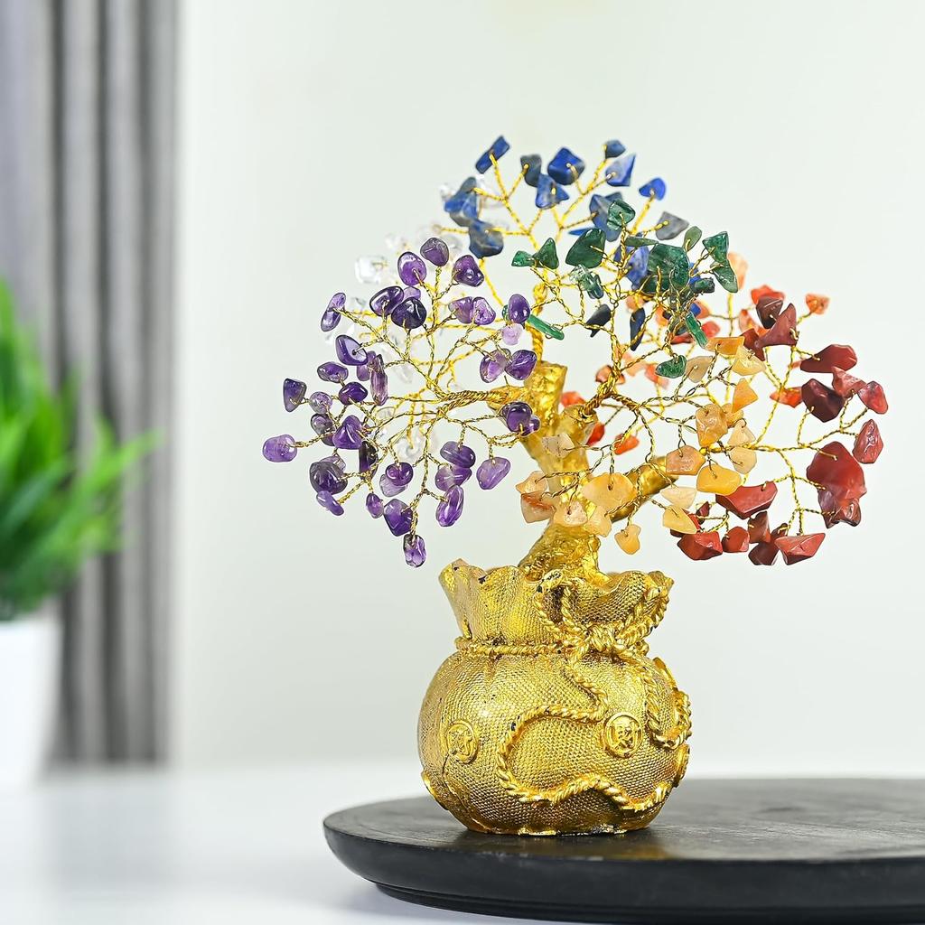 Seven Chakra Tree Of Life, Crystal Healing Bonsai Tree With 6 Feng Shui Coins