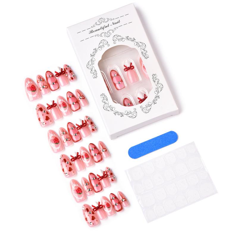 30 Pieces Sweet Strawberry Almond Nail Art Handmade Bow Diamond Love Nail Art