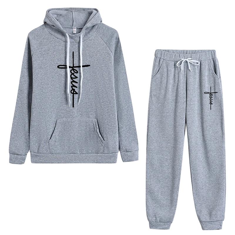Frühling und Herbst Damen Print Conjunto Moletom Feminino Fleece Sportbekleidung Langärmliger Kapuzenpullover mit Taschen Anzug