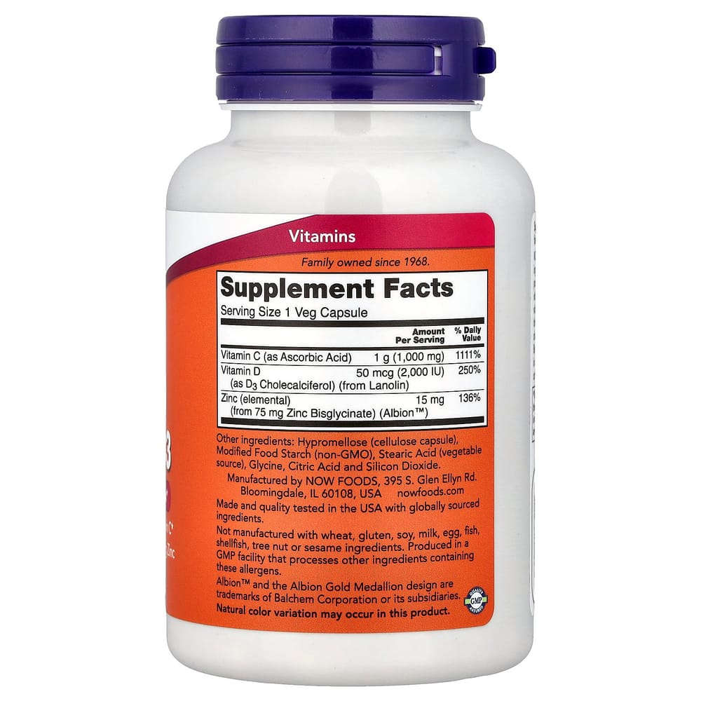 NOW Foods C-1000 Zinc & D-3 Veg Capsules, 100 Capsules