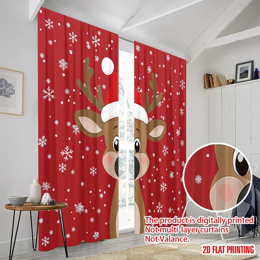 2pcs,2D Plane Printing Curtains&Window Treatment Cute Reindeer Christmas Snow (3) Versatile Polyester (without Rod) Decorations