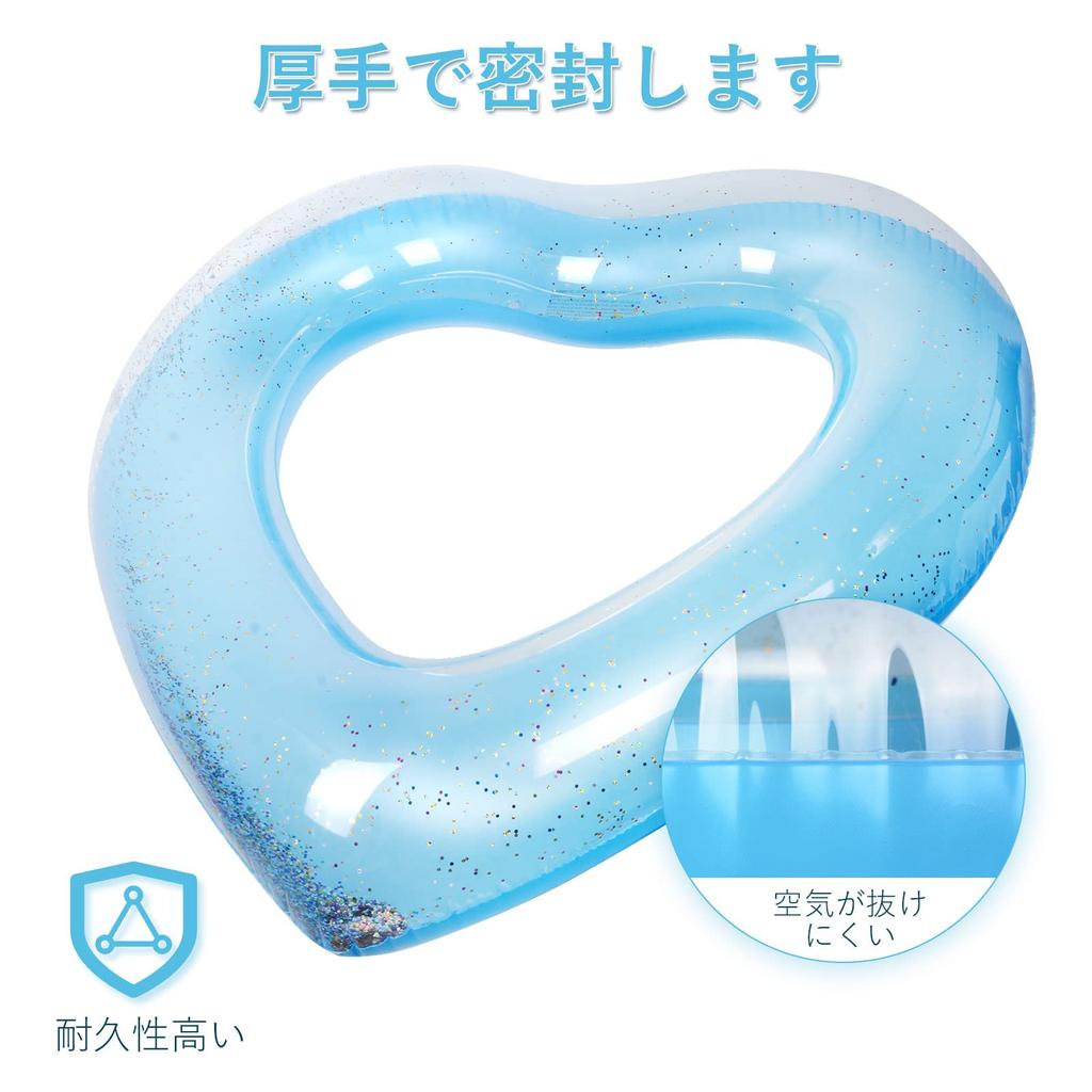 Inflatable Swimming Ring, 120cm, for Adults and Children, Ninonly, Heart-shaped Float, Glittery, Air Pump Included, Cute, Perfect for Summer Vacation