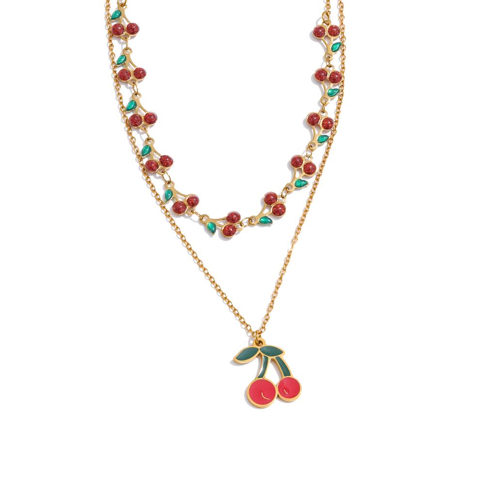 

Yhpup Red Enamel Fruit Cherry Pendant Necklace Stainless Steel Double-Layer Chain Stacking Fashion Trendy Sweet Jewelry Summer