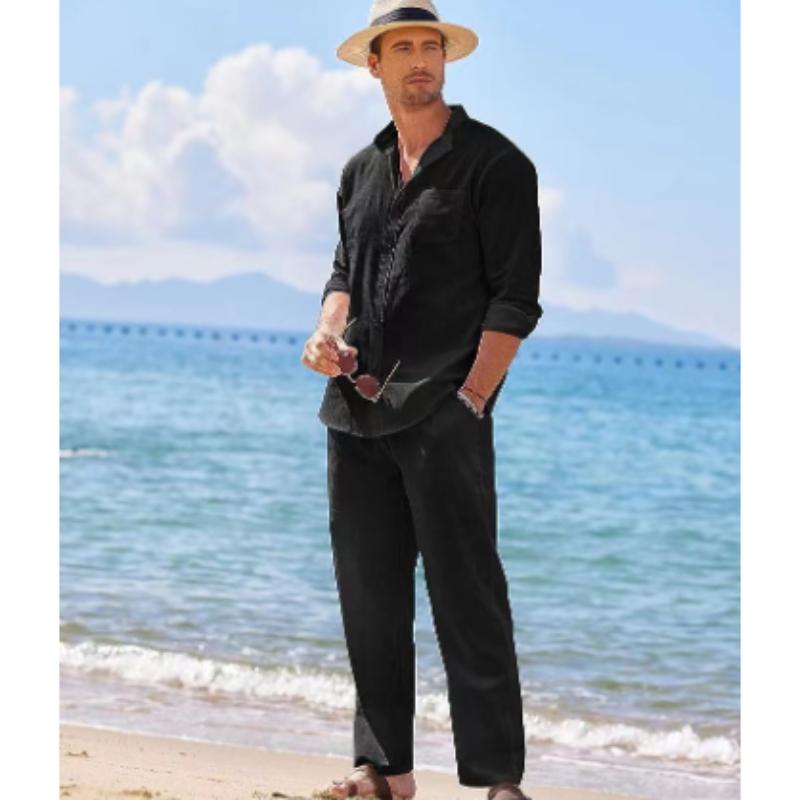 Plus Size Herr Casual Linne Tvådelade Set Europe Style Vintage Basic Toppar och solida byxor Kostym Man Beach Träningsoveraller Set