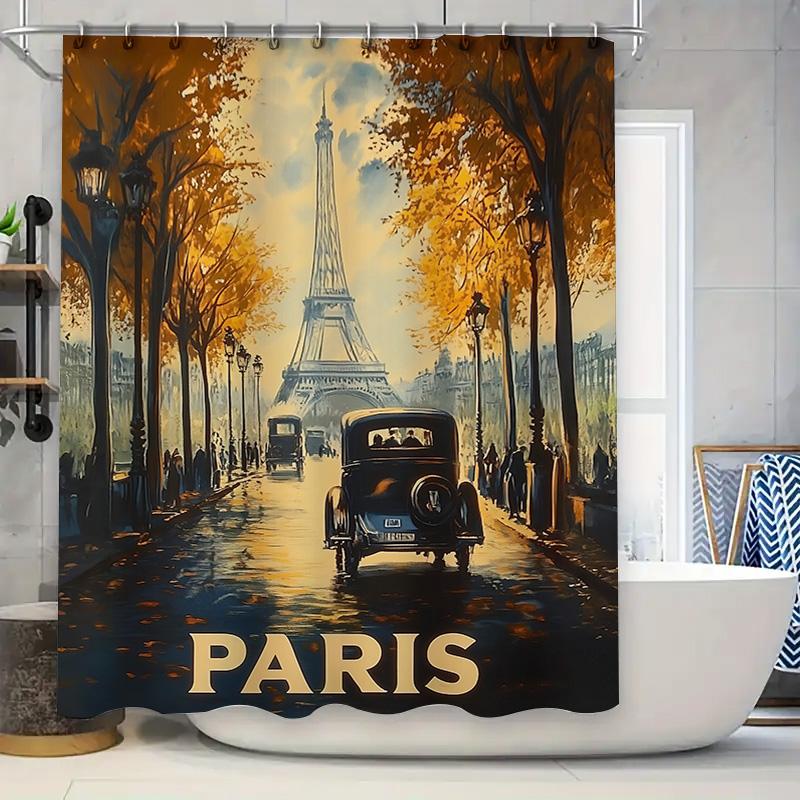 

Paris Shower Curtain Vintage Cityscape Decorative Bath Mat Water-Proof Fabric For Bathroom Fall Leaves Eiffel Tower Classic Retr W60H190(CM)-1 Pcs