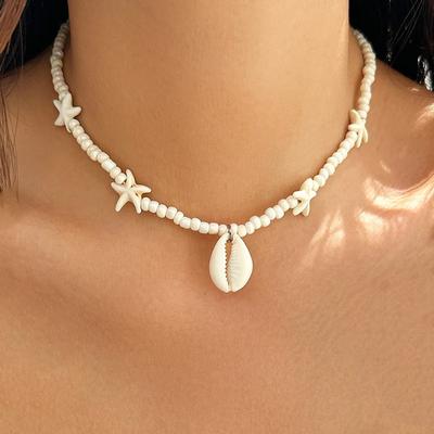 Bohemian Temperament Ocean Shell Pendant Sea Turtle Starfish Rice Bead Beaded Necklace for Women Friends Summer Beach Jewelry