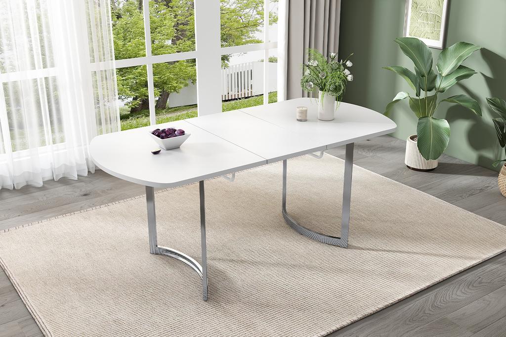 Extendable Dining Table 140/180 x 80 cm, Modern Style, High-Strength Alloy Bracket, Suitable for 4-6 People, White + Silver-Plated Table Legs
