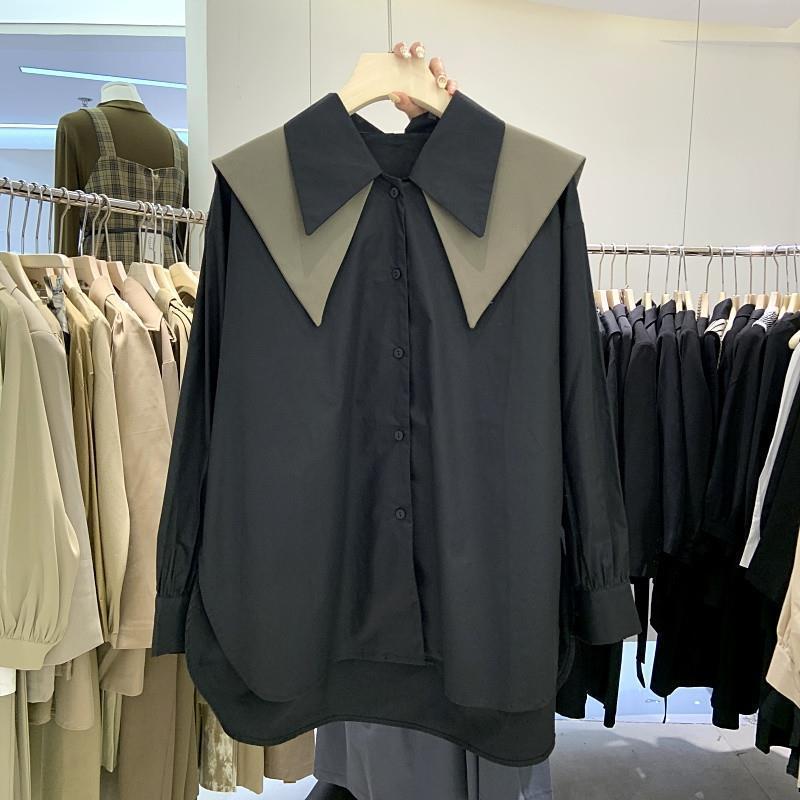 

Contrast Double Layer Lapel Women s Shirt Single Breaste Long Sleeve Lady Loose Blouse Korean Fashion Versatile Clothing XXL чорний