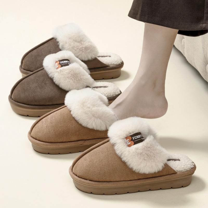Suede cotton slippers women's autumn and winter new warm plush indoor home thick bottom outer wear fluffy drag men
