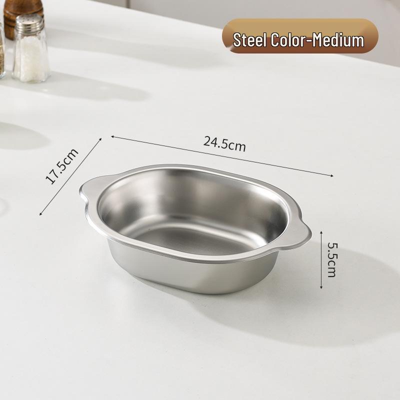 Korean Stainless Steel Oval Ramen Bowl & Salad Plate Combo for Cooking and Serving.