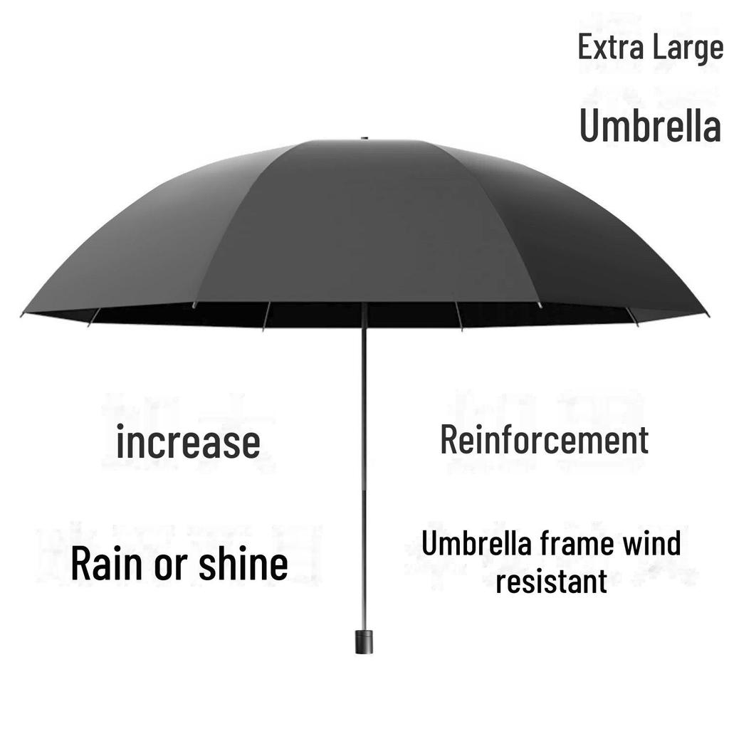 Twelve-Bone Folding Sunshade Umbrella - Large, Black, Logo-Printed for Sun and Rain Protection