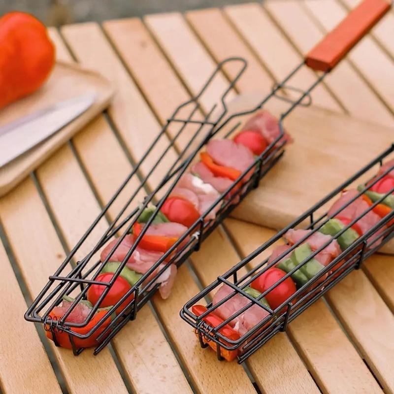 1pcs Outdoor Camping Barbecue Cage With Wooden Handle, Stainless Steel Rolling Barbecue Rack, Picnic Charcoal Barbecue Tools
