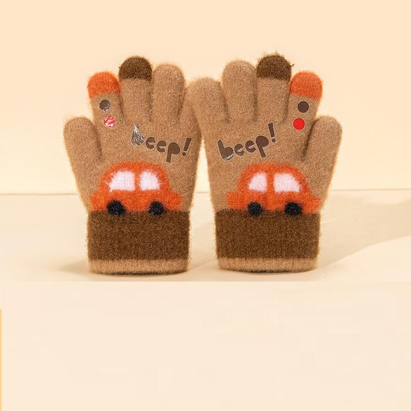 

Winter Warm Thicken Boys Gloves Baby Cute Cartoon Car Gloves Kindergarten Kids Five Fingers Gloves 3-5Y коричневый