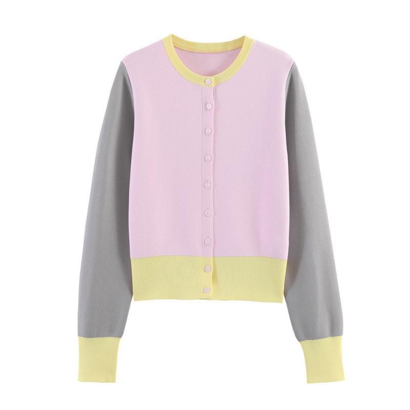 European and American style, new women's clothing, fashionable, versatile, cross-border casual simple color matching knitted jacket