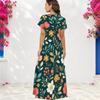 Women Plus Size V Neck Short Sleeve Floral Printed Navy Blue Straight Maxi Dress
