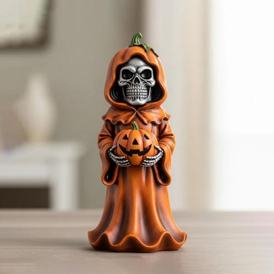 Halloween Skull Pumpkin Figurine Resin Skeleton Holding Pumpkin Statue Spooky Tabletop Ornaments for Indoor Home Decor