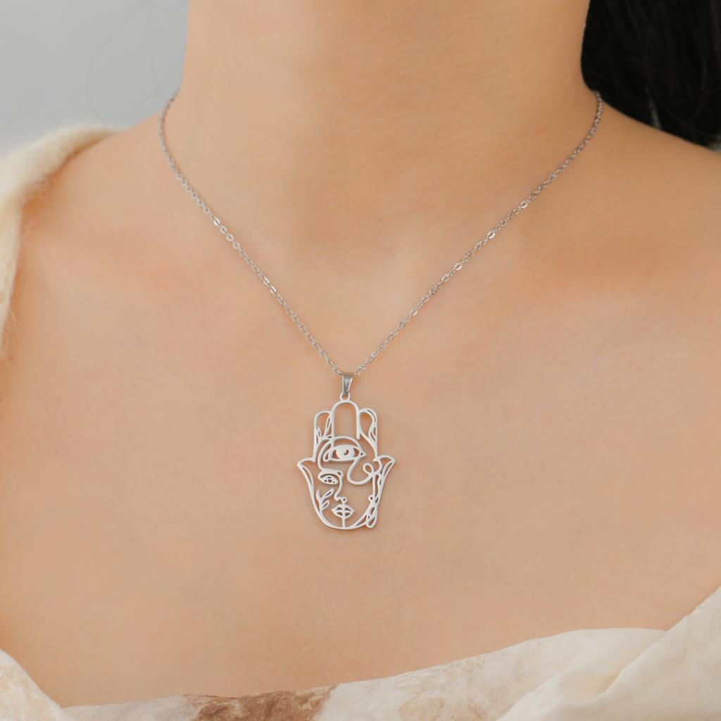 LIKGREAT Hamsa Fatima's Hand Lotus Pendant Necklace Stainless Steel Star of David Hexagram Turkish Evil Eye Choker Jewelry Gifts
