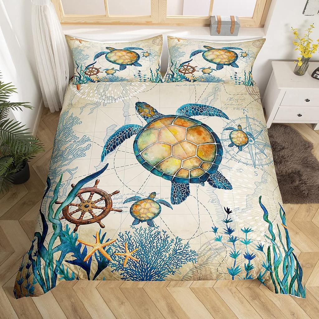 Sea Turtle Duvet Cover Set King Size Watercolor Tortoise Butterfly Comforter Cover for Boys Girly Dreaming Style Bedding Set