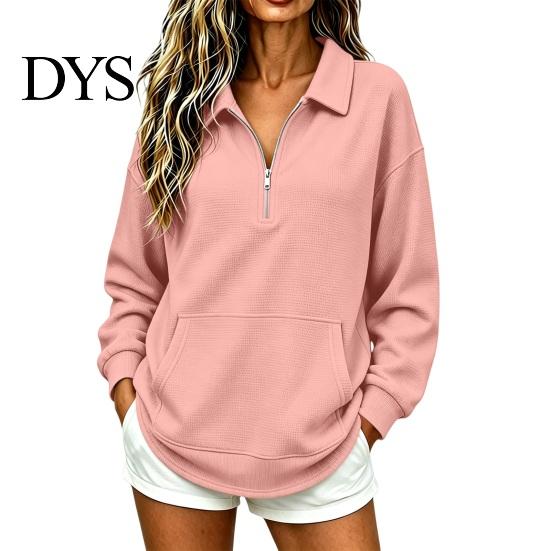 Casual Waffle Sweatshirt Women Half-zip Sweatshirt, Long Sleeve Pullover Top with Kangaroo Comfortable Pockets Pocket, Loose Fit Lapel for Fall Winter