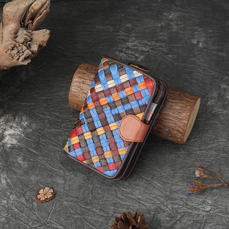 Johnature Prawdziwa Skóra Losowy Kolor Tkany Krótki Portfel Duża Pojemność Wielokartowy Składany Klamra Damski Portfel