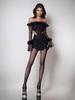 Plush Sequin Off-Shoulder Sexy Set: Long-Sleeve Top & Hip-Hugging Mini Skirt